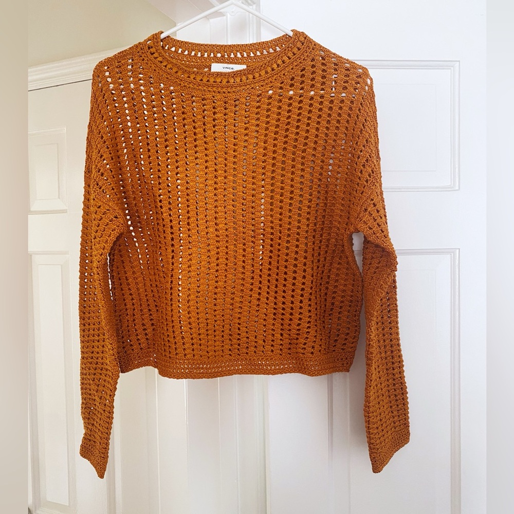 Vince. Burnt Orange Cotton Tape Crochet Pullover